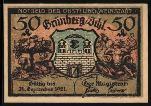 Notgeld Grünberg /Schl. 1921, 50 Pfennig, Obst und Wein, Ortsansicht mit Rathaus und Hungerturm