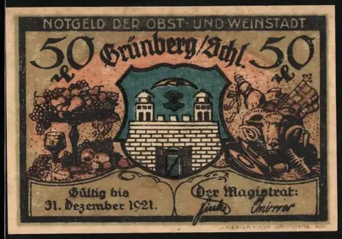 Notgeld Grünberg /Schl. 1921, 50 Pfennig, Obst, Wein und Hungerturm-Szene