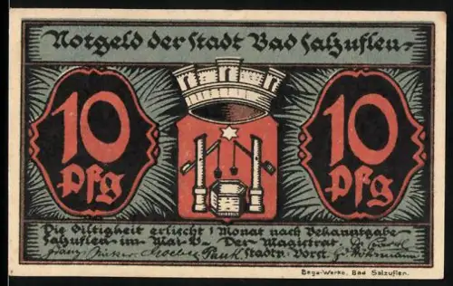 Notgeld Bad Salzuflen, 10 Pfennig, Leopold Sprudel mit zwei Figuren und Stadtwappen