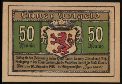 Notgeld Lünen 1918, 50 Pfennig, Wappen mit Löwe und Ortsansicht mit Kirche