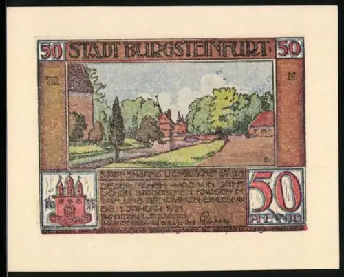 Notgeld Burgsteinfurt 1921, 50 Pfennig, Landschaft mit Gebäuden und Sitzungsszene
