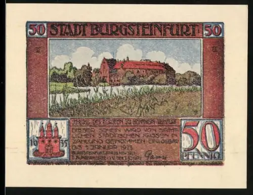 Notgeld Burgsteinfurt 1921, 50 Pfennig, Schloss und Billardszene mit Eisenbahnkomitee