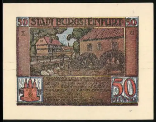 Notgeld Burgsteinfurt 1921, 50 Pfennig, Flussmühle-Szene und Karte der Umgebung