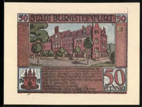 Notgeld Burgsteinfurt 1921, 50 Pfennig, Gebäudeansicht und nicht vorgelassene Deputation