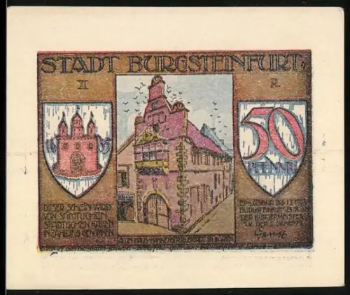 Notgeld Burgsteinfurt 1921, 50 Pfennig, Stadttor und Gebäude, Landschaft mit Luftschiffen