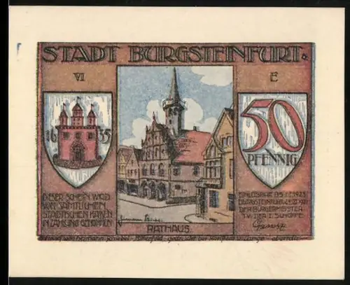 Notgeld Burgsteinfurt 1921, 50 Pfennig, Rathaus und Rückkehr der Königsfamilie in Kutsche