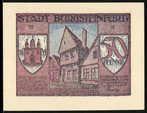 Notgeld Burgsteinfurt 1921, 50 Pfennig, Fachwerkhäuser und Brief mit Eisenbahnmotiv