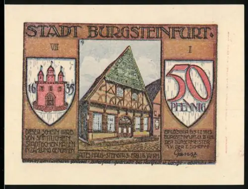 Notgeld Burgsteinfurt 1921, 50 Pfennig, Altes Haus Steinstrasse und Fackelzug