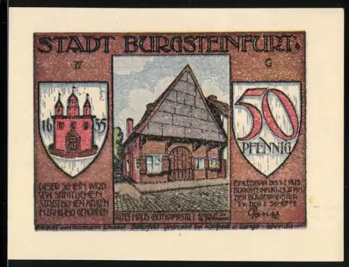 Notgeld Burgsteinfurt 1921, 50 Pfennig, Altes Rathaus und Steinfurter Jubel 1817