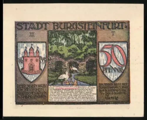 Notgeld Burgsteinfurt 1921, 50 Pfennig, Schwäne im Park, Reparatur der Kegelbahn