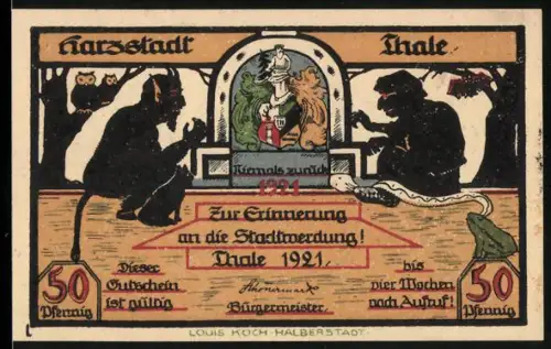 Notgeld Thale 1921, 50 Pfennig, Teufel und Tiere, Stadtwerdung, Herz Jesu-Kirche an der Bode