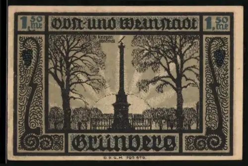 Notgeld Grünberg i. Schl. 1921, 1.50 Mark, Kriegerdenkmal und Stadtwappen mit Traubenornamenten