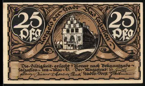 Notgeld Bad Salzuflen, 25 Pfennig, Rathaus und Schmied mit Ortsansicht