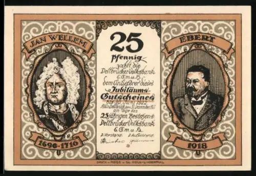 Notgeld Dellbrück 1922, 25 Pfennig, Jan Wellem und Ebert, Thurner Hof-Motiv