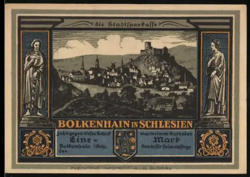 Notgeld Bolkenhain i. Schlesien, 1 Mark, Ortsansicht und Burgruinen mit Rittern
