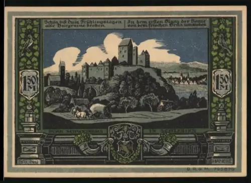 Notgeld Bolkenhain i. Schlesien, 1,50 Mark, Burgansicht und Stadtlandschaft mit Figuren und Wappen