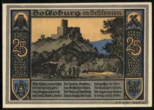 Notgeld Bolkenhain in Schlesien, 25 Pfennig, Burgruine und Ortsansicht mit Statuen und Wappen