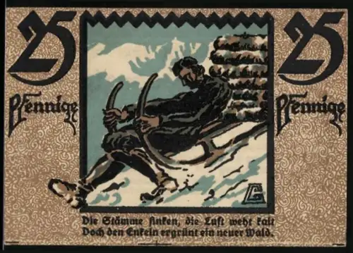 Notgeld Hirschberg, 25 Pfennig, Mann auf einem Schlitten mit Holzstämmen im Schnee
