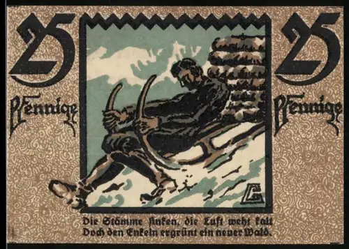 Notgeld Hirschberg, 25 Pfennig, Mann auf Schlitten mit Baumstämmen im Schnee