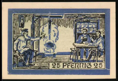 Notgeld Speicher 1921, 25 Pfennig, Dorfszene mit Männern am Tisch und Spruch im Dialekt
