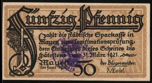 Notgeld Mayen 1921, 50 Pfennig, Genovevaburg und Brückentor