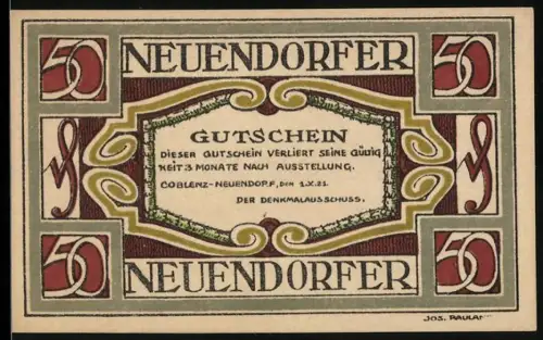 Notgeld Coblenz-Neuendorf 1921, 50 Pf., Spruchband und Säulenornamentik