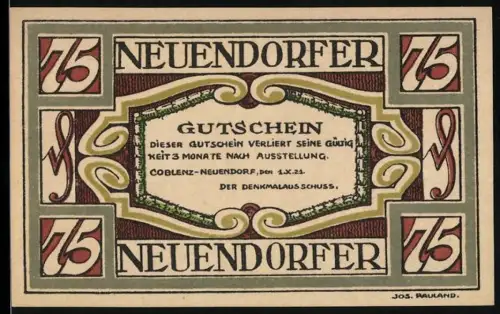 Notgeld Coblenz-Neuendorf 1921, 75 Pfennig, historisches Tor und Reiter im Bogengang