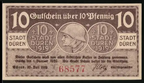 Notgeld Düren 1919, 10 Pfennig, Soldat und Turm
