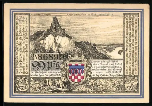 Notgeld Bad Honnef a. Rhein 1921, 50 Pfennig, Ruine Drachenfels und Rheinlandschaft, Wappen von Bad Honnef