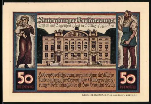 Notgeld Rothenburg /O.T. 1922, 50 Pfennig, Gebäudeansicht und Ortspanorama mit Sonnenaufgang