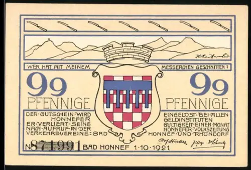 Notgeld Bad Honnef a. Rhein 1921, 99 Pfennige, Wappen und Gebäudeansicht mit Gedichten