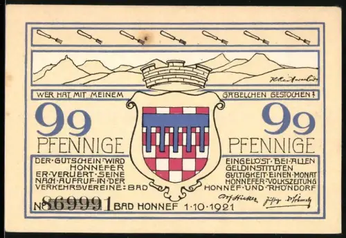 Notgeld Bad Honnef a. Rh. 1921, 99 Pfennig, Wappen und alte Kapelle in Rhöndorf