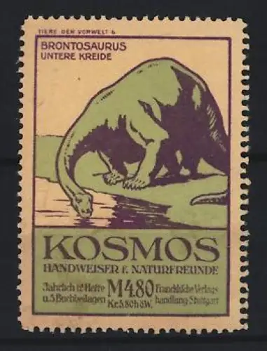 Reklamemarke Stuttgart, Kosmos, Handweiser für Naturfreunde, Serie: Tiere der Vorwelt, Brontosaurus