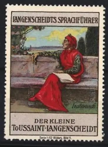 Reklamemarke Langenscheidt, Der kleine Toussaint-Langenscheidt, Sprachführer Italienisch, Person auf einer Bank