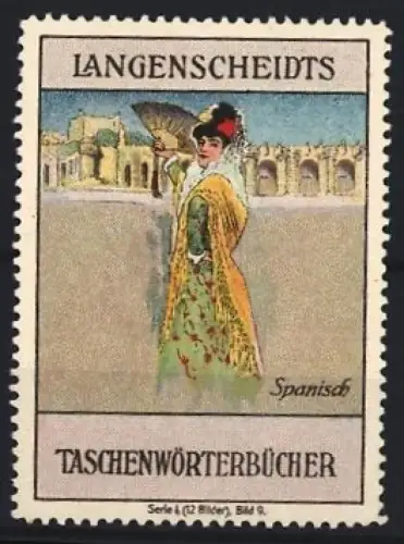 Reklamemarke Langenscheidt, Spanisch Taschenwörterbücher, Frau mit Fächer