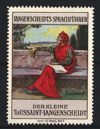 Reklamemarke Langenscheidt, Der kleine Toussaint-Langenscheidt, Sprachführer Italienisch, Mann auf Bank