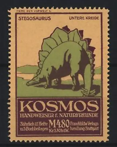 Reklamemarke Stuttgart, Kosmos, Handweiser f. Naturfreunde, Serie: Tiere der Vorwelt, Stegosaurus