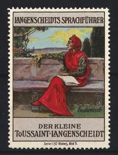 Reklamemarke Langenscheidt, Der kleine Toussaint-Langenscheidt, Sprachführer Italienisch, Sitzende Figur mit Buch