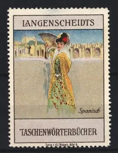 Reklamemarke Langenscheidt, Taschenwörterbuch Spanisch, Frau mit Fächer
