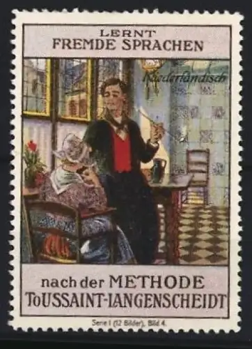 Reklamemarke Langenscheidt, Sprachführer Niederländisch, elegantes Paar mit Pfeife