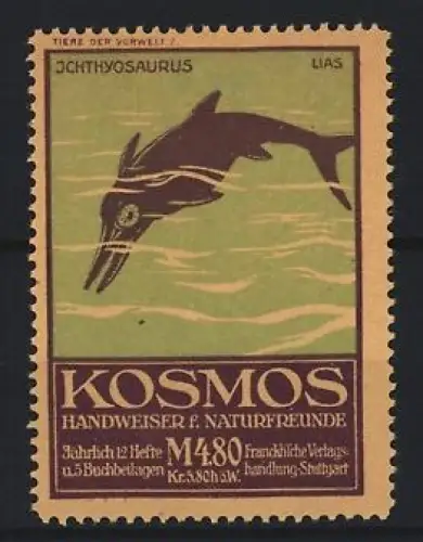 Reklamemarke Stuttgart, Kosmos, Handweiser für Naturfreunde, Serie: Tiere der Vorwelt, Ichthyosaurus