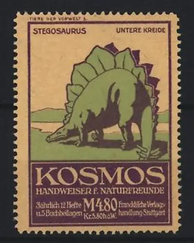 Reklamemarke Stuttgart, Kosmos, Handweiser f. Naturfreunde, Serie: Tiere der Vorwelt, Stegosaurus