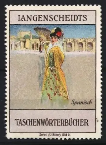 Reklamemarke Langenscheidt, Taschenwörterbuch Spanisch, Frau mit Fächer