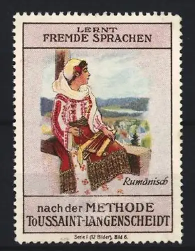 Reklamemarke Langenscheidt, Wörterbuch Rumänisch, Frau in ortstypischer Kleidung