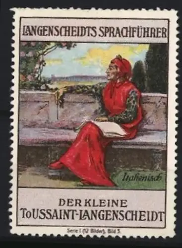 Reklamemarke Langenscheidt, Sprachführer Italienisch, Gelehrter auf Bank