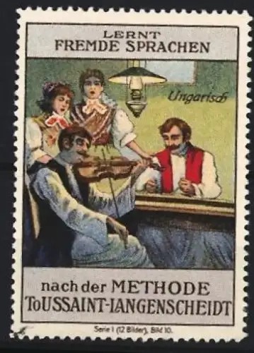 Reklamemarke Langenscheidt, Sprachlehrbuch nach der Toussaint-Langenscheidt-Methode für Ungarisch, Menschen mit Violine