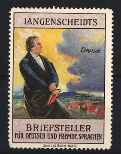 Reklamemarke Langenscheidt, Briefsteller für Deutsch und fremde Sprachen, Mann vor einem Ort