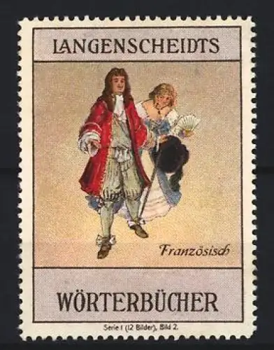 Reklamemarke Langenscheidt, Wörterbuch Französisch, Paar in historischer Kleidung