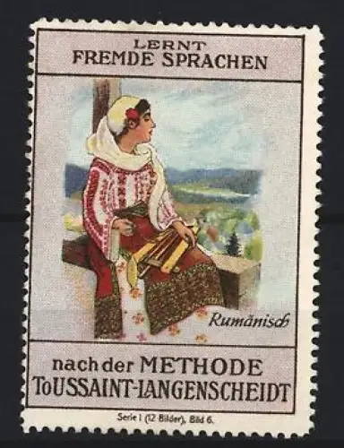 Reklamemarke Langenscheidt, Sprachlehrbuch nach der Toussaint-Langenscheidt-Methode, Rumänische Frau in Tracht
