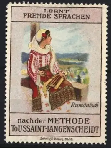 Reklamemarke Langenscheidt, Sprachlehrbuch nach der Toussaint-Langenscheidt-Methode, Frau in rumänischer Tracht
